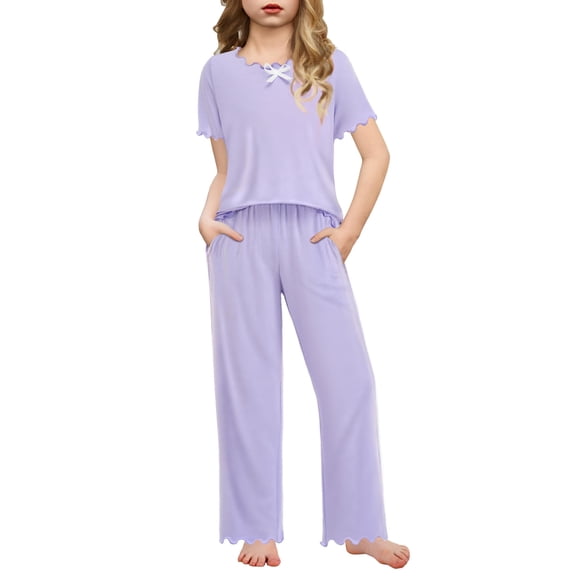 Arshiner Girls Pajama Set Short Sleeve Long Pant Sleepwear Soft Shirring Lounge Set Pjs