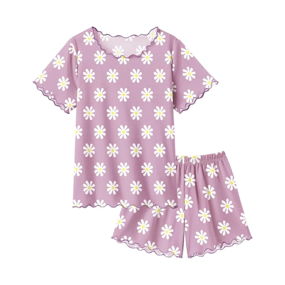 Arshiner Girls Pajama Set Short Sleeve Lounge Set Soft Shirring Summer Sleepwear Pj Sets