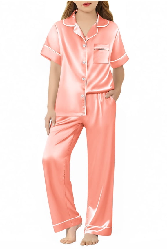 Girls Pajamas Silk Satin Button Down Pjs 2 Piece Short Sleeve Sleepwear Set