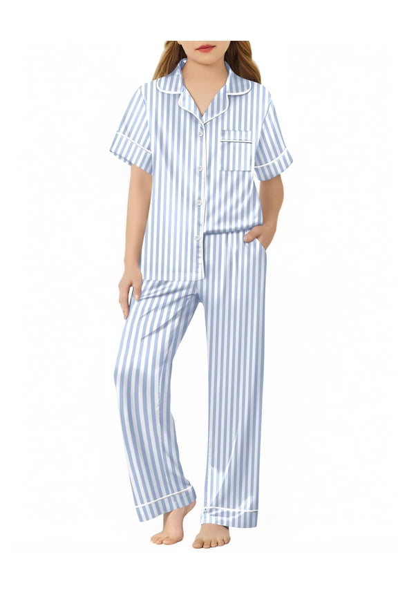 Girls Pajamas Silk Satin Button Down Pjs 2 Piece Short Sleeve Sleepwear Set