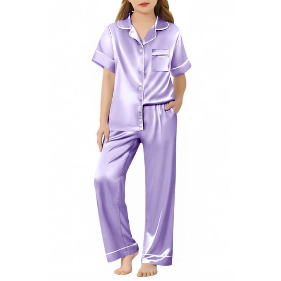 Arshiner Girls Pajamas Satin Button Down Pjs 2 Piece Short Sleeve Sleepwear Set