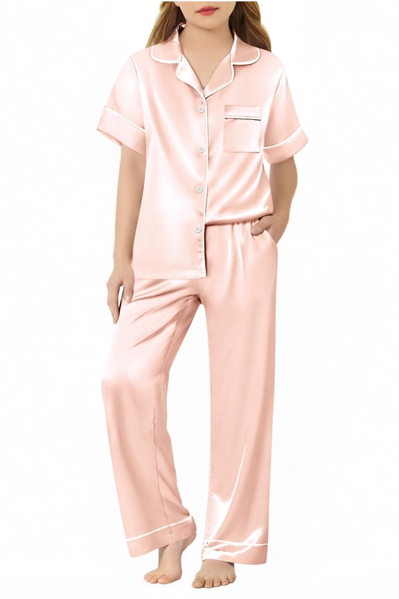Girls Pajamas Silk Satin Button Down Pjs 2 Piece Short Sleeve Sleepwear Set