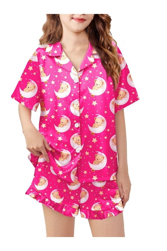 Girls Pajamas Silk Satin Pajama Set 2 Piece Button Down Pjs Ruffle Sleepwear