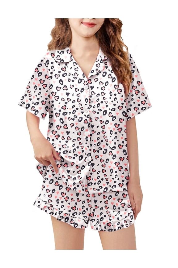 Girls Pajamas Silk Satin Pajama Set 2 Piece Button Down Pjs Ruffle Sleepwear