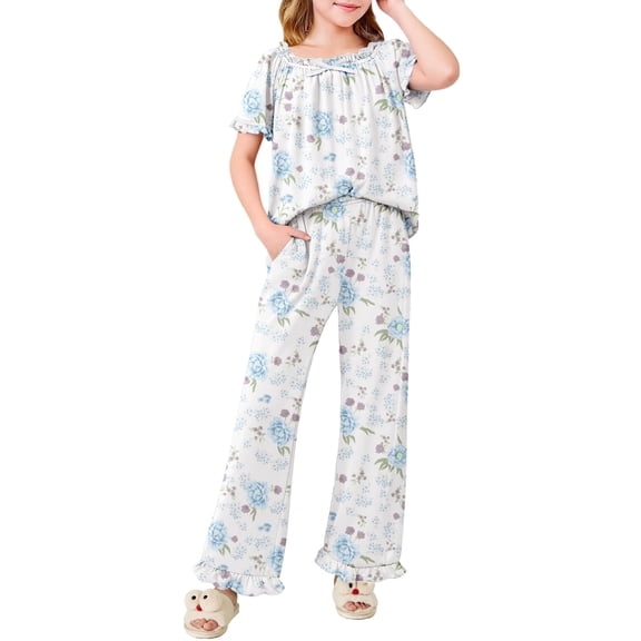 Arshiner Girls Pajamas Soft 2 Piece Pjs Sets Ruffle Short Sleeve Long Pants Sleepwear