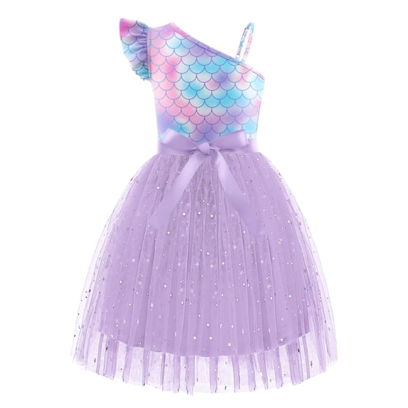 Arshiner Girls Party Dresses Summer One Shoulder A-Line Dress Shinny Formal Birthday Tulle Dress with Belted