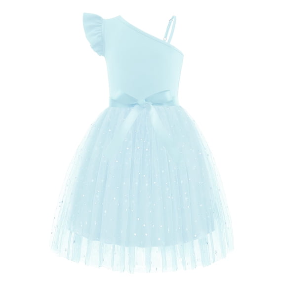 Arshiner Girls Party Dresses Summer One Shoulder A-Line Dress Shinny Formal Birthday Tulle Dress with Belted