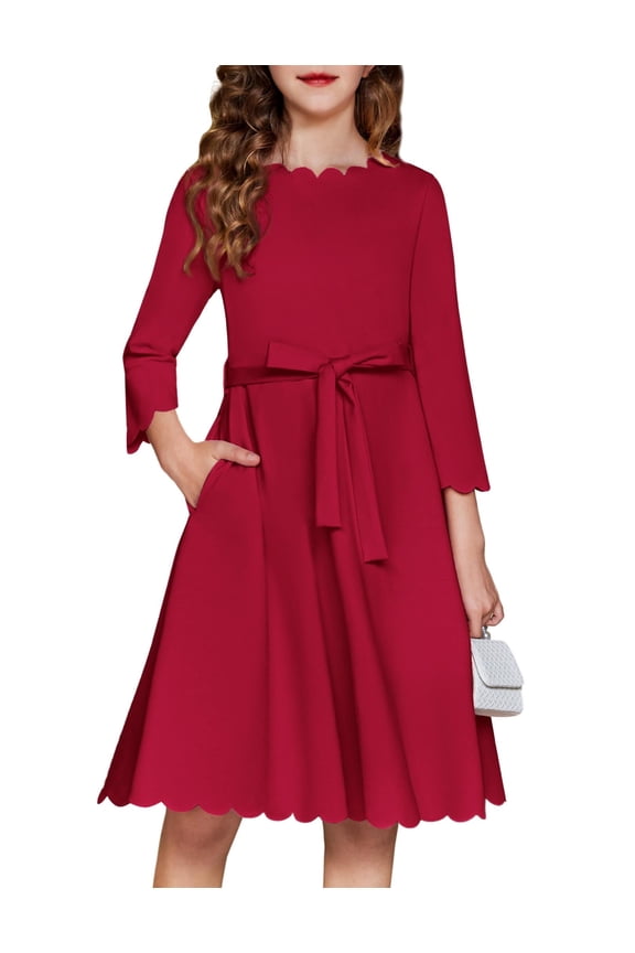 Girls Party Midi Dress Solid Scallop Trim Belted Formal A-Line Dresses with Pockets Elegant Style