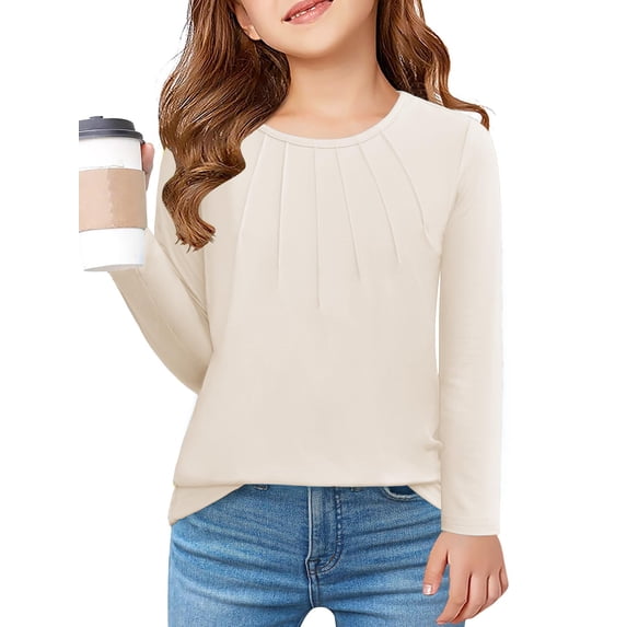 Arshiner Girls Pleated Long Sleeve Shirts Crewneck Casual Fashion Tops Blouse Tee