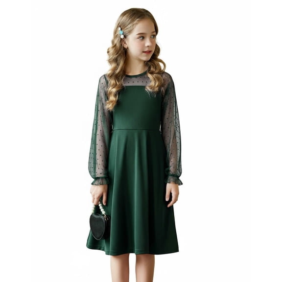 Arshiner Girls Polka Dot Mesh A-Line Dress Youth Long Sleeve Formal Party Dress with Side Pockets