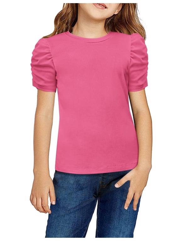 Girls Puff Short Sleeve Shirts Summer Ribbed Knit Crewneck T Shirt Tops Tee Blouse