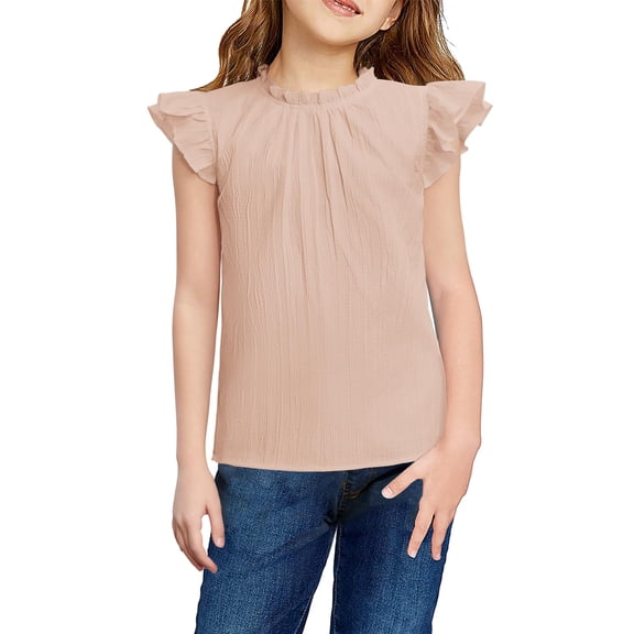 Arshiner Girls Ruffle Short Sleeve Shirts Cute Summer Frill Neck Pleated Textured Blouse Tops