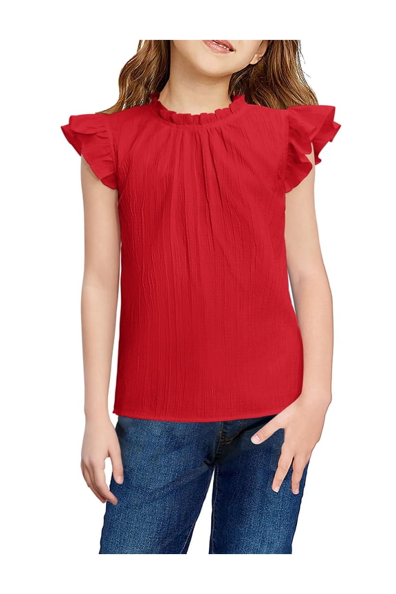 Girls Ruffle Short Sleeve Shirts Cute Summer Frill Neck Pleated Textured Blouse Tops