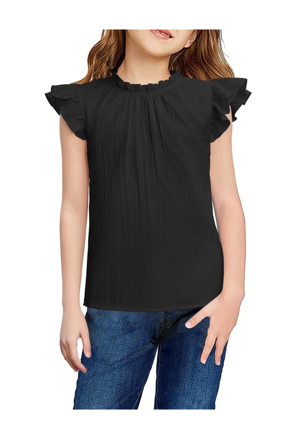 Girls Ruffle Short Sleeve Shirts Cute Summer Frill Neck Pleated Textured Blouse Tops