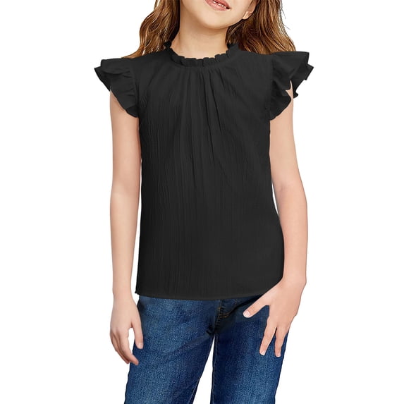Arshiner Girls Ruffle Short Sleeve Shirts Cute Summer Frill Neck Pleated Textured Blouse Tops