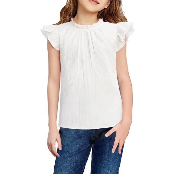 Arshiner Girls Ruffle Short Sleeve Shirts Cute Summer Frill Neck Pleated Textured Blouse Tops