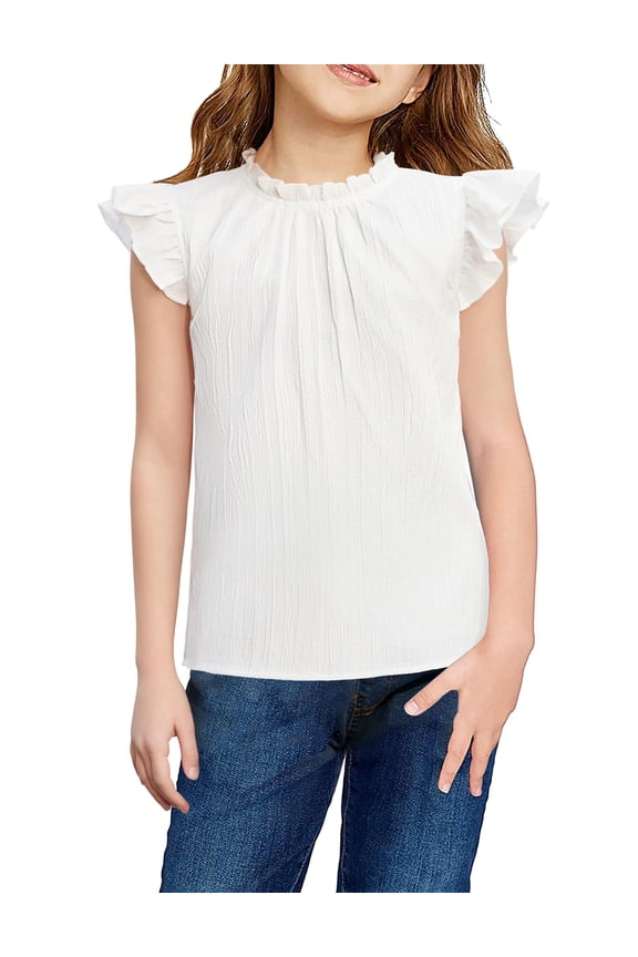 Girls Ruffle Short Sleeve Shirts Cute Summer Frill Neck Pleated Textured Blouse Tops