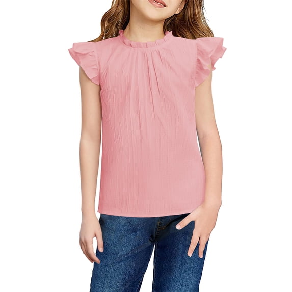 Arshiner Girls Ruffle Short Sleeve Shirts Cute Summer Frill Neck Pleated Textured Blouse Tops