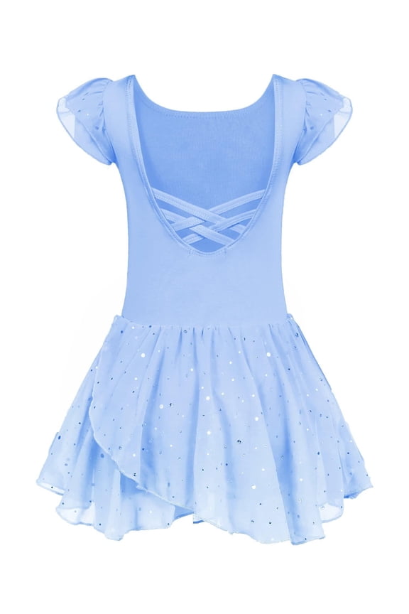 Girls Ruffle Sleeve Ballet Dance Dress Crisscross Back Tutu Skirted Leotard