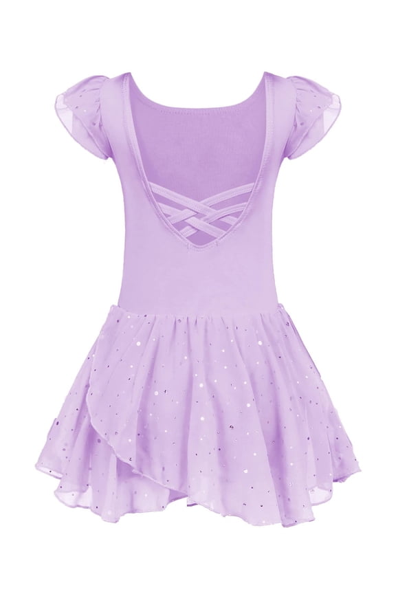 Girls, Little Kid Ruffle Sleeve Ballet Dance Dress Crisscross Back Tutu Skirted Leotard