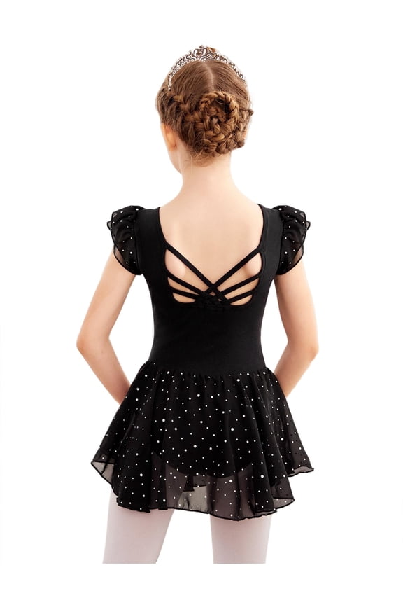 Girls Shiny Ruffle Sleeve Ballet Leotard with Skirt Criss-Cross Back Dance Dresses,5-6Y,Black