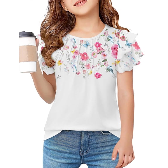 Arshiner Girls Summer Blouse Ruffle Short Sleeve Pleated Crewneck Casual Tops Tees Blouses