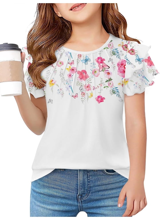Girls Summer Blouse Ruffle Short Sleeve Pleated Crewneck Casual Tops Tees Blouses