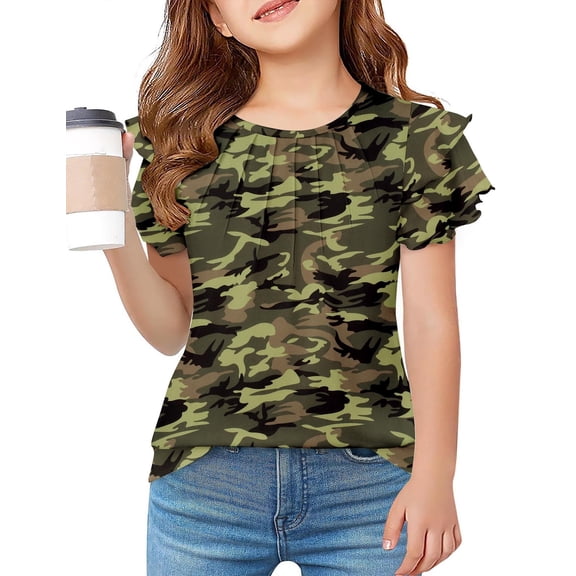 Arshiner Camouflage Shirt for Girls Girls Ruffle Short Sleeve Shirts Pleated Round Neck Dressy Summer Cute Blouse Tops