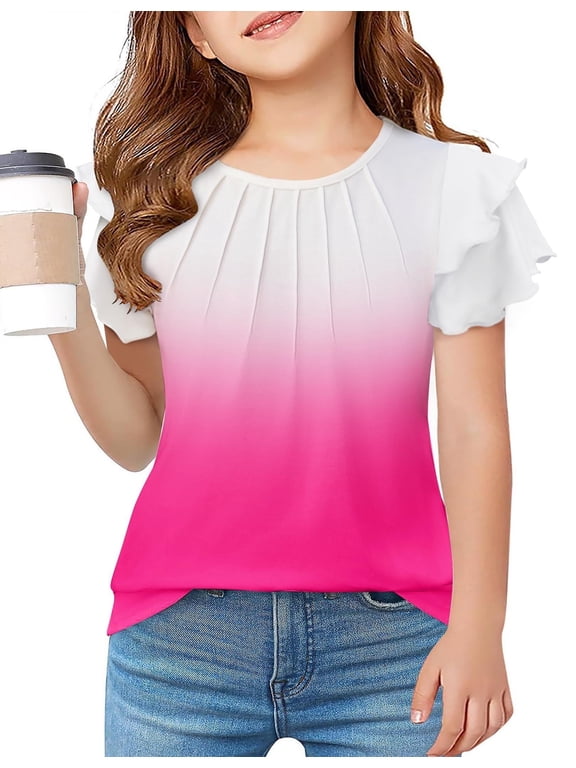 Girls Shirt Girls Summer Short Sleeve Pleated Top Flutter Ruffle Sleeve T Shirt Crewneck Casual Fashion Blouse Top Gradient Pink 7-8 Years 150 JB43