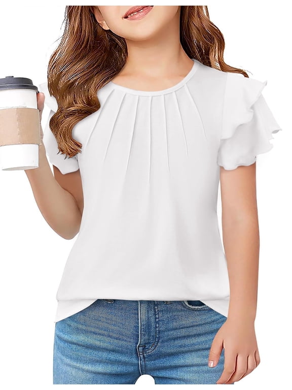 Girls Summer Blouse Ruffle Short Sleeve Pleated Crewneck Casual Tops Tees Blouses