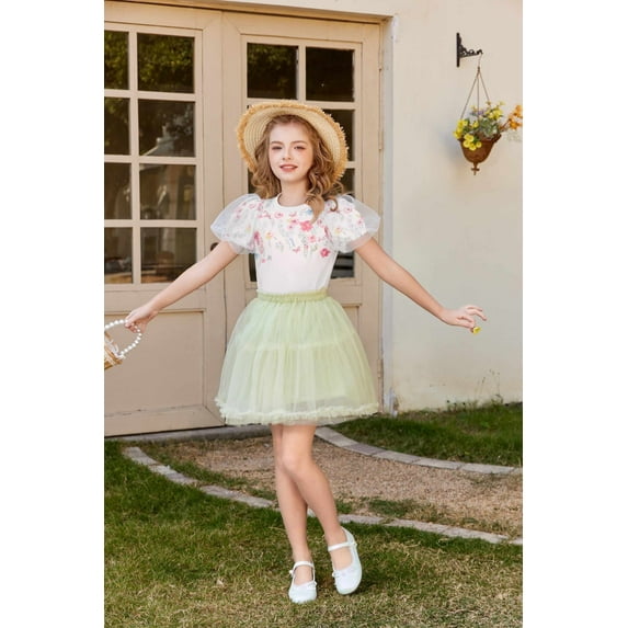 Arshiner Girls Shirts Mesh Puff Short Sleeves Blouse Crewneck Cute Print Summer Kids Tee Tops 120 Multicolor