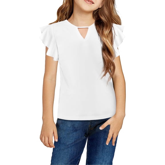 Arshiner Girls Shirts Short Sleeve Tee Ruffle Solid Summer Keyhole Neck Cotton Blouse Tops