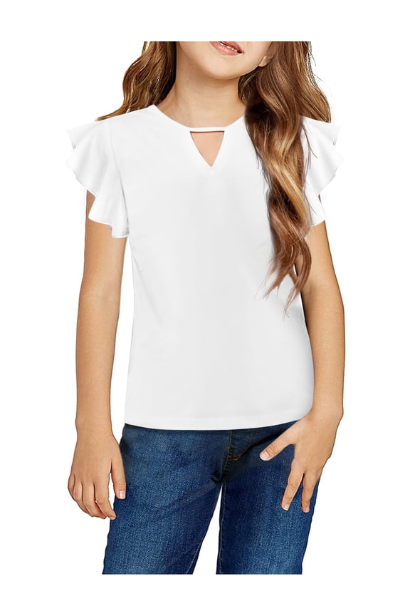 Girls Shirts Short Sleeve Tee Ruffle Solid Summer Keyhole Neck Cotton Blouse Tops