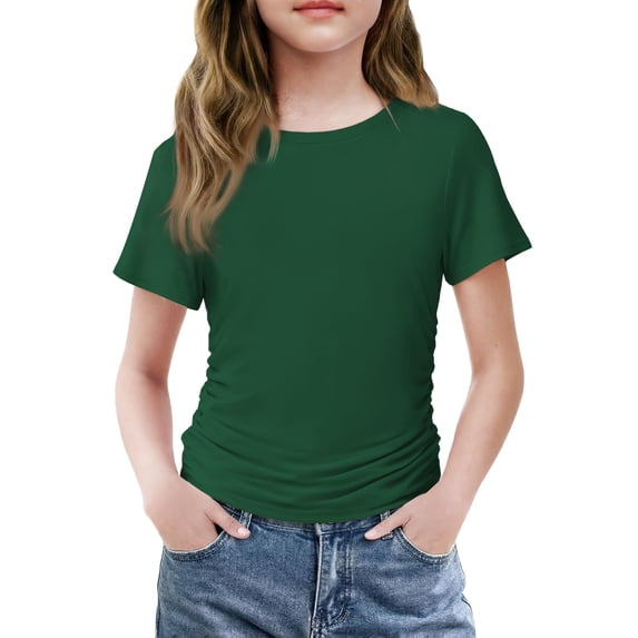 Arshiner Girls Shirts Side Ruched Short Sleeve Crewneck Fitted Tops Casual Summer Soft Tee Clothes