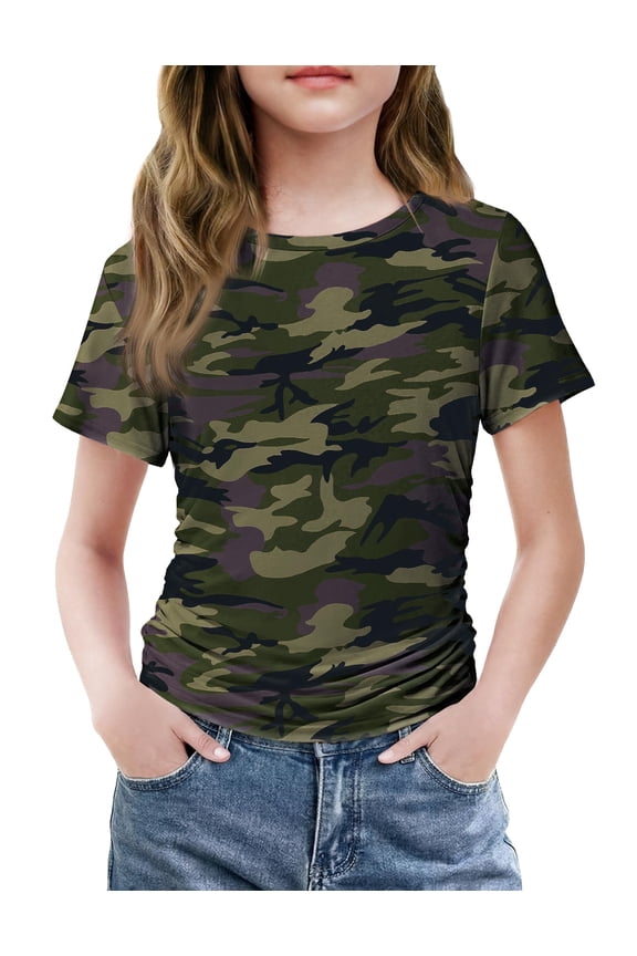 Girls Shirts Side Ruched Short Sleeve Crewneck Fitted Tops Casual Summer Soft Tee Clothes
