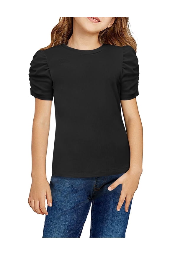 Girls Puff Short Sleeve Shirts Summer Ribbed Knit Crewneck T Shirt Tops Tee Blouse