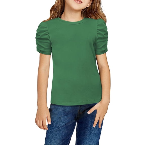 Arshiner Girls Shirts Summer Cute Classic Puff Short Sleeve Plain Ribbed Knit Crew Neck T-Shirt Tee Tops Blouse Black 9-10 Years 12 Bright green