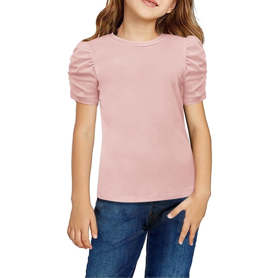 Arshiner Girls Shirts Summer Cute Classic Puff Short Sleeve Plain Ribbed Knit Crew Neck T-Shirt Tee Tops Blouse Black 9-10 Years 8 Light pink