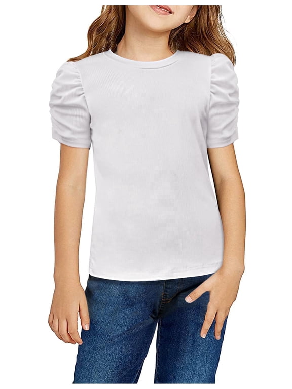 Girls Puff Short Sleeve Shirts Summer Ribbed Knit Crewneck T Shirt Tops Tee Blouse