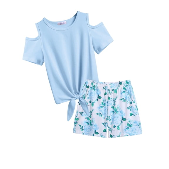 Arshiner Girls 2 Pieces Summer Outfits Short Sleeve Tie Knot T-Shirts and Casual Shorts With Pockets
