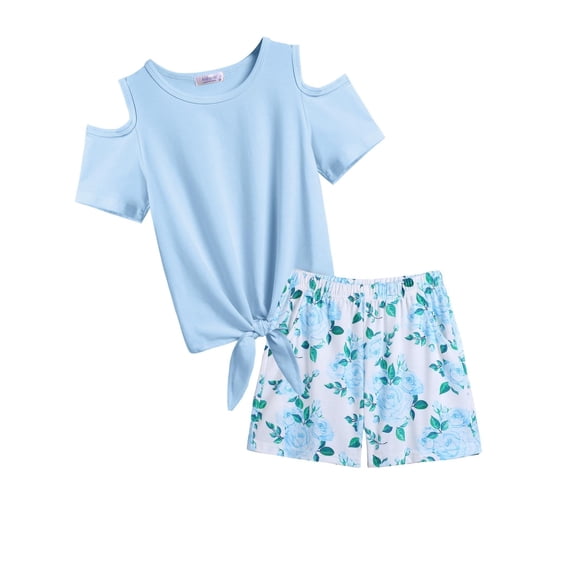 Arshiner Girls 2 Pieces Summer Outfits Short Sleeve Tie Knot T-Shirts and Casual Shorts With Pockets