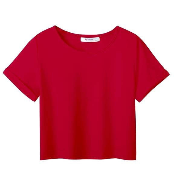 Arshiner Girls Short Sleeve Summer Shirts Crop Top Crew Neck Fashion Casual Tee Black 11-12 Years 160 Bright red
