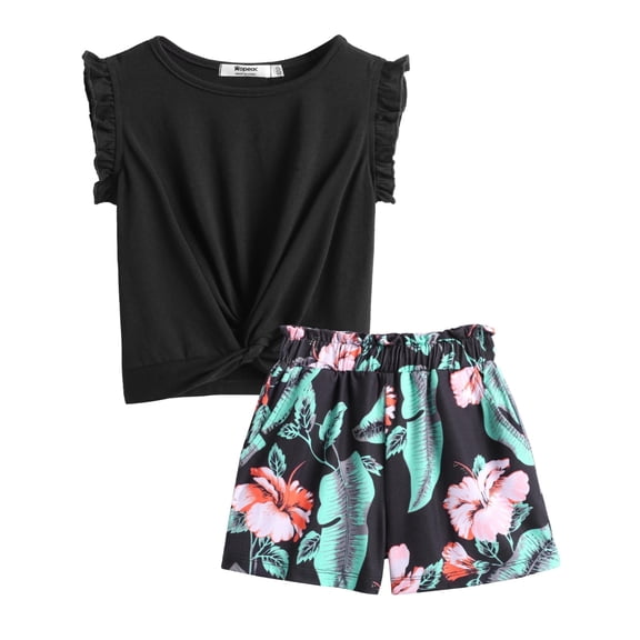 Arshiner Girls 2 Pieces Summer Outfits Twist Front Ruffle Sleeve T-Shirts and Shorts With Pockets Cute Clothes Sets