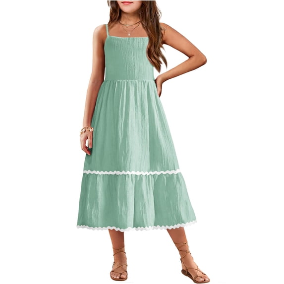 Arshiner Girls Spaghetti Strap Dress Tiered Cami Maxi Sundress with Pockets | Girls Summer Dresses for Kids 6-14 Years