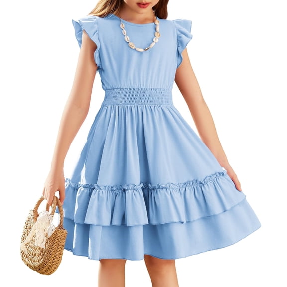 Arshiner Girls Dresses Flutter Sleeve A-Line Sundress Casual Summer Tiered Swing Midi Pocket Dress