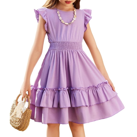 Arshiner Girls Dresses Flutter Sleeve A-Line Sundress Casual Summer Tiered Swing Midi Pocket Dress