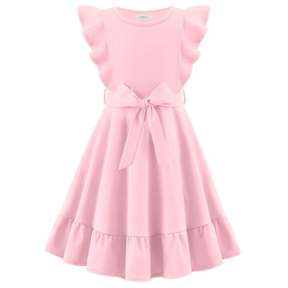 Arshiner Girls Spring Summer Dresses Flutter Sleeve A-line with Belted Pockets Casual Party Dress