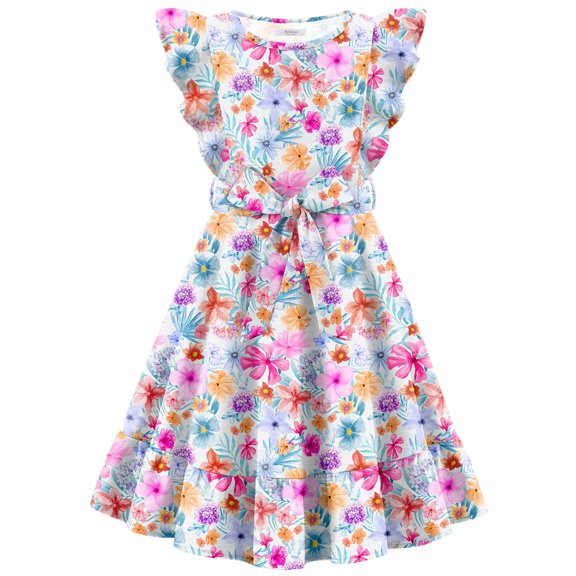 Arshiner Girls Spring Summer Dresses Flutter Sleeve A-line with Belted Pockets Casual Party Dress