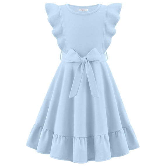 Arshiner Girls Spring Summer Dresses Flutter Sleeve A-line with Belted Pockets Casual Party Dress