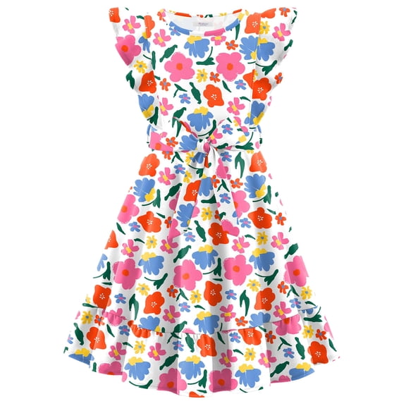 Arshiner Girls Spring Summer Dresses Flutter Sleeve A-line with Belted Pockets Casual Party Dress